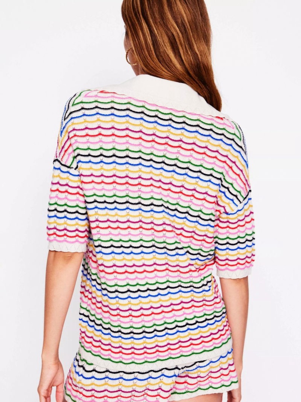Boden Scallop Stripe Collard Henley Sweater MultiColor 100% Cotton Small - Picture 2 of 6